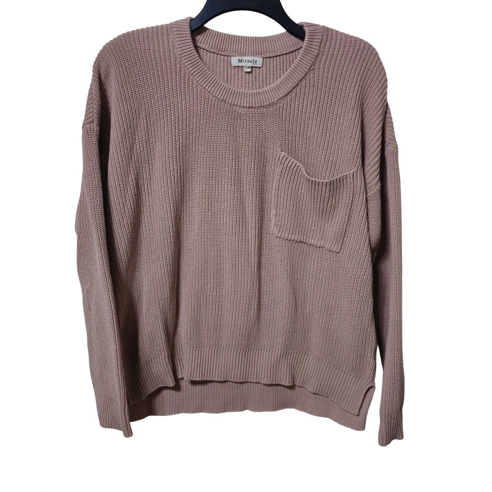Miracle Knit Sweater Pullover Crew Neck Long Sleeve Rose Pink Pocket S M